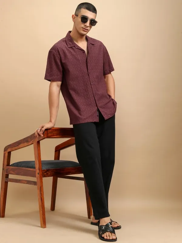 Highlander Men Burgundy Textured Relaxed Fit Casual Shirt