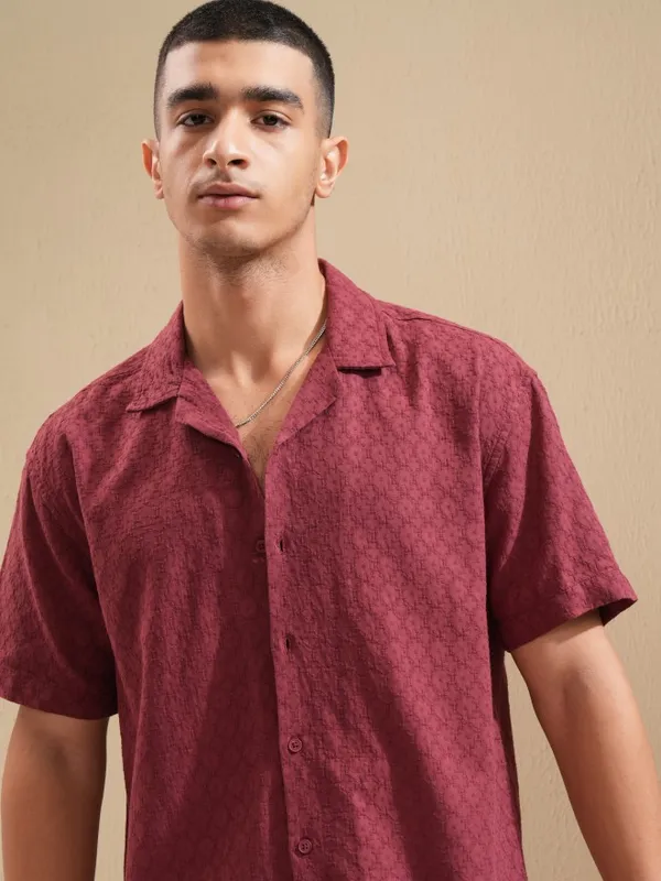 Highlander Men Maroon Textured Relaxed Fit Casual Shirt