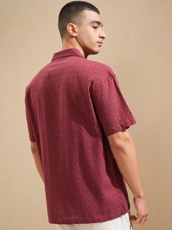 Highlander Men Maroon Textured Relaxed Fit Casual Shirt