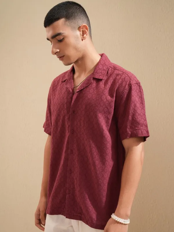 Highlander Men Maroon Textured Relaxed Fit Casual Shirt