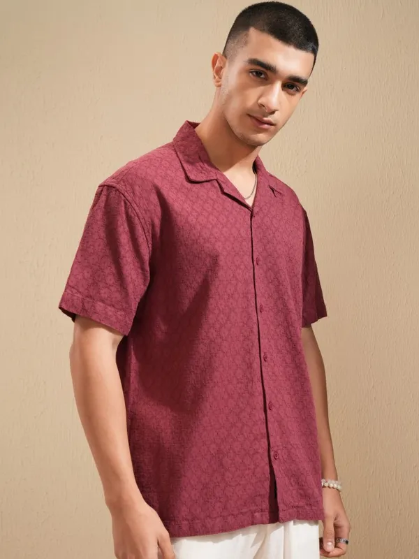Highlander Men Maroon Textured Relaxed Fit Casual Shirt