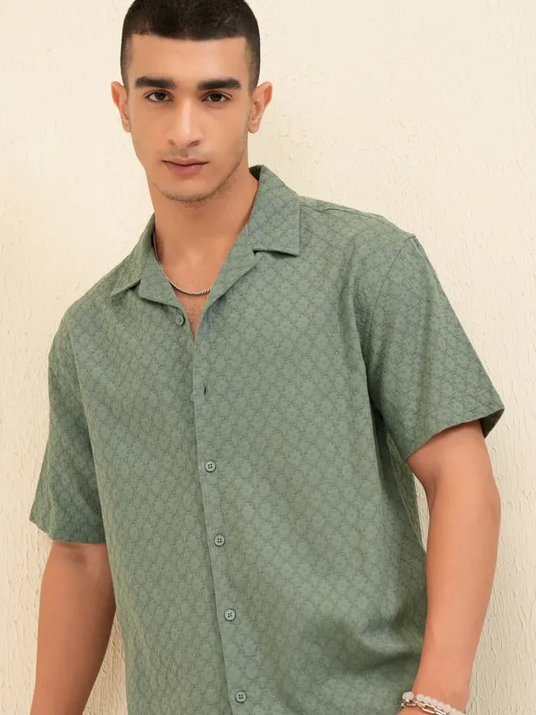 Highlander Men Olive Textured Relaxed Fit Casual Shirt