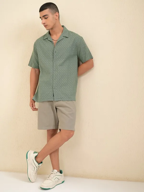 Highlander Men Olive Textured Relaxed Fit Casual Shirt