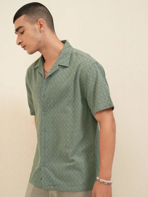 Highlander Men Olive Textured Relaxed Fit Casual Shirt