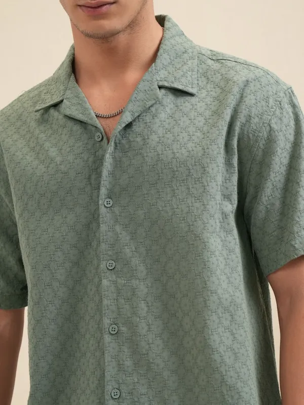 Highlander Men Olive Textured Relaxed Fit Casual Shirt