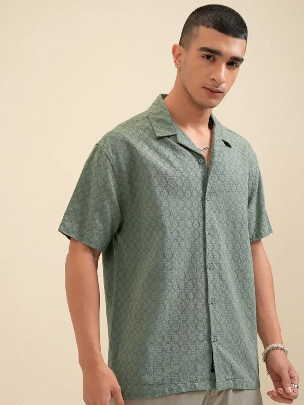 Highlander Men Olive Textured Relaxed Fit Casual Shirt