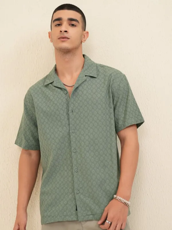 Highlander Men Olive Textured Relaxed Fit Casual Shirt