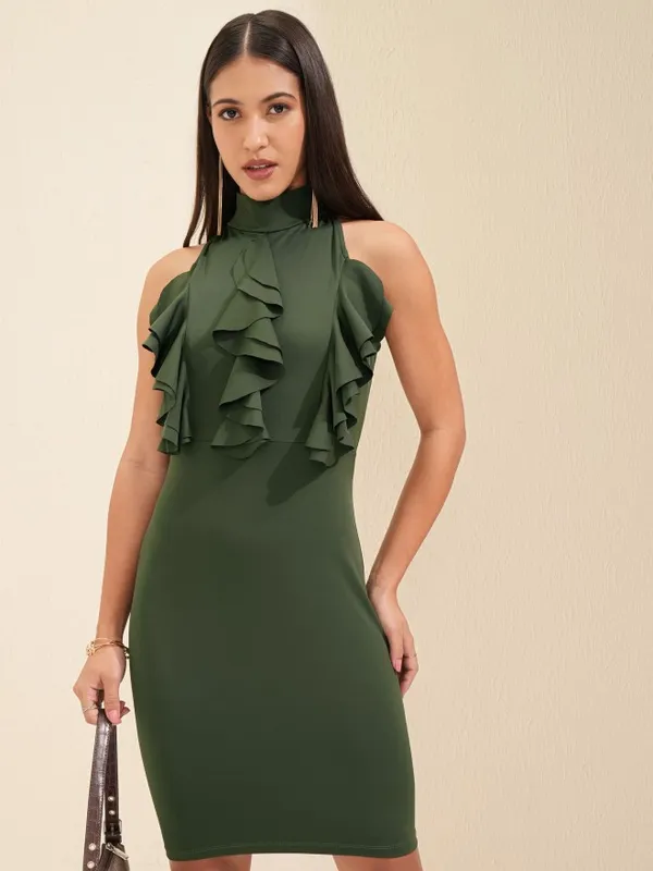 Tokyo Talkies Women Olive Solid Bodycon Dress