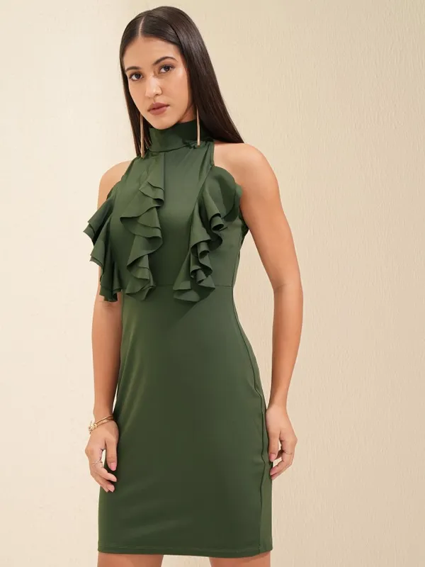 Tokyo Talkies Women Olive Solid Bodycon Dress