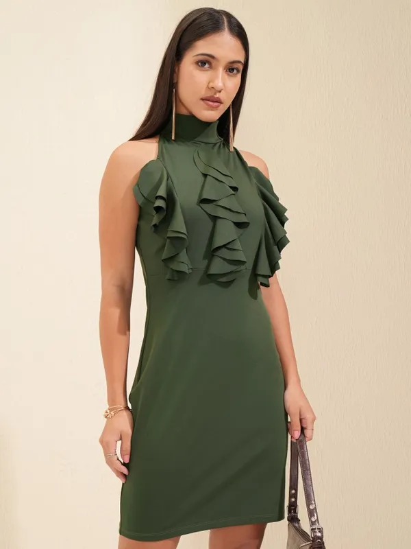 Tokyo Talkies Women Olive Solid Bodycon Dress