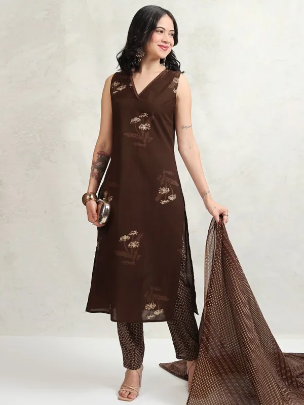 Vishudh Women Brown Printed Kurta With Trousers And Dupatta