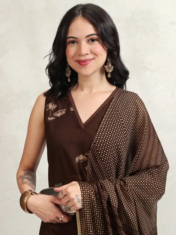 Vishudh Women Brown Printed Kurta With Trousers And Dupatta