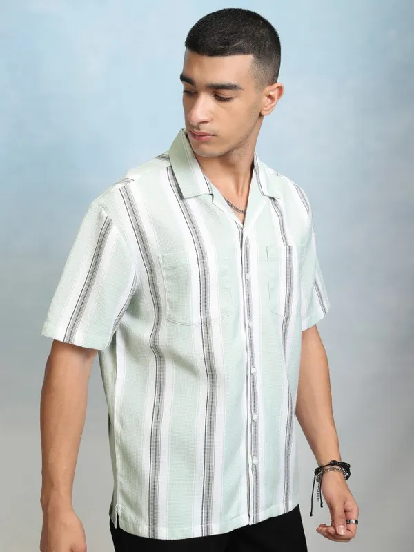 Highlader Men Green Striped Relaxed Fit Casual Shirt