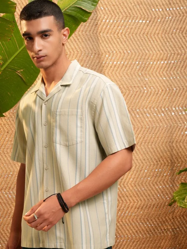 Highlander Men Beige Striped Relaxed Fit Casual Shirt