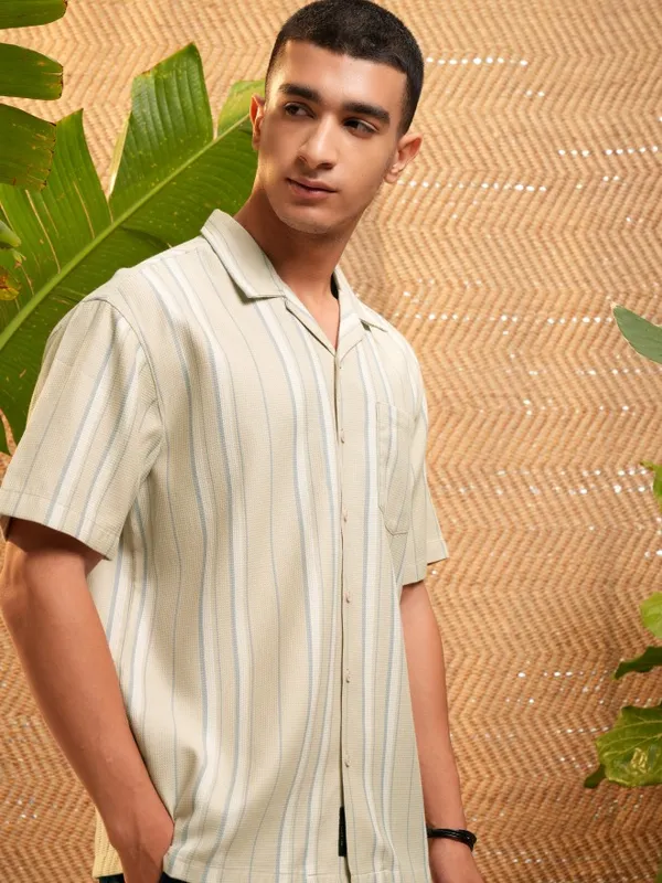 Highlander Men Beige Striped Relaxed Fit Casual Shirt