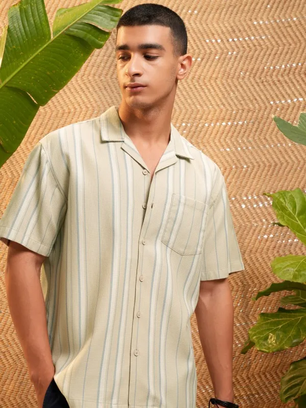 Highlander Men Beige Striped Relaxed Fit Casual Shirt