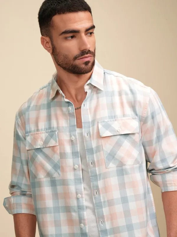Locomotive Men Coral Checked Relaxed Fit Casual Shirt