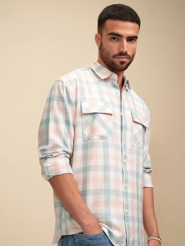 Locomotive Men Coral Checked Relaxed Fit Casual Shirt