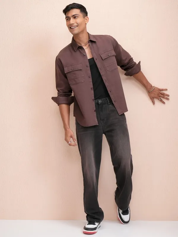 Locomotive Men Maroon Solid Oversized Fit Casual Shirt