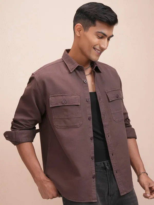 Locomotive Men Maroon Solid Oversized Fit Casual Shirt