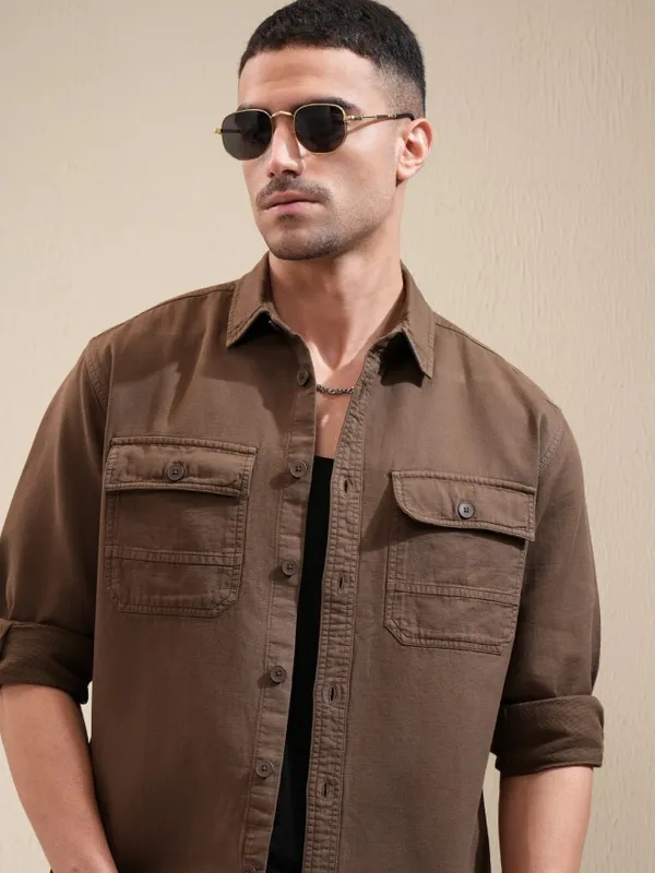 Locomotive Men Khaki Solid Oversized Fit Casual Shirt