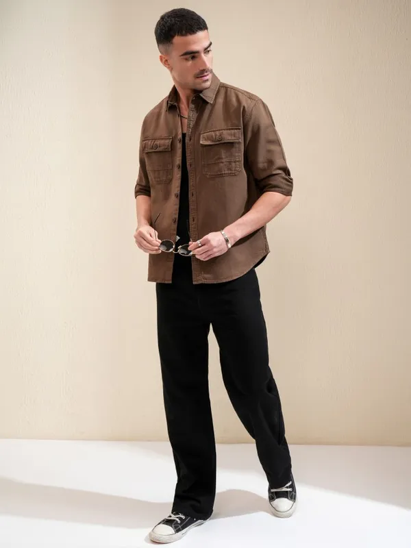 Locomotive Men Khaki Solid Oversized Fit Casual Shirt