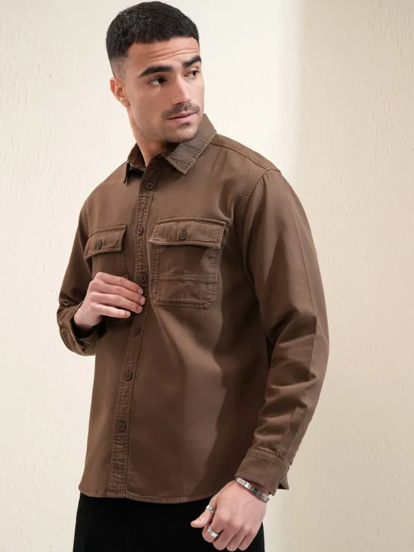 Locomotive Men Khaki Solid Oversized Fit Casual Shirt
