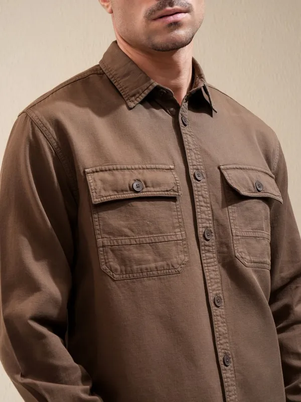 Locomotive Men Khaki Solid Oversized Fit Casual Shirt