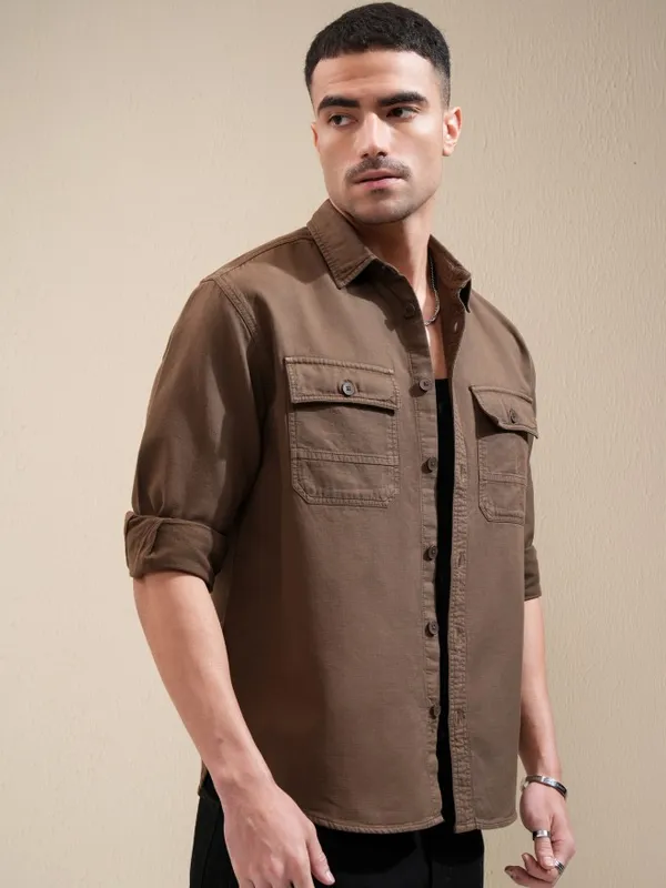 Locomotive Men Khaki Solid Oversized Fit Casual Shirt