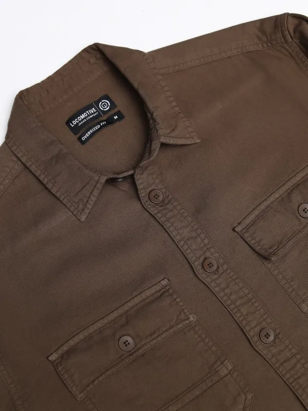 Locomotive Men Khaki Solid Oversized Fit Casual Shirt