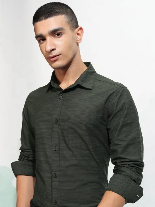 Highlander Men Olive Striped Slim Fit Casual Shirt