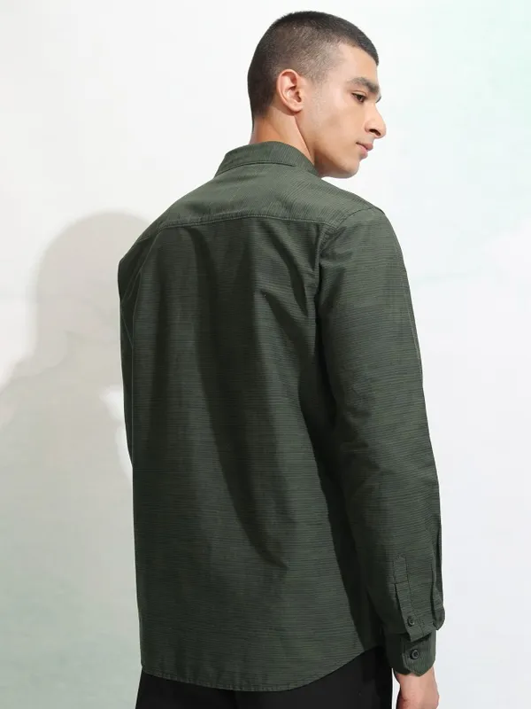 Highlander Men Olive Striped Slim Fit Casual Shirt