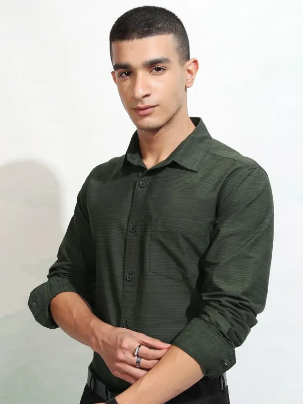 Highlander Men Olive Striped Slim Fit Casual Shirt
