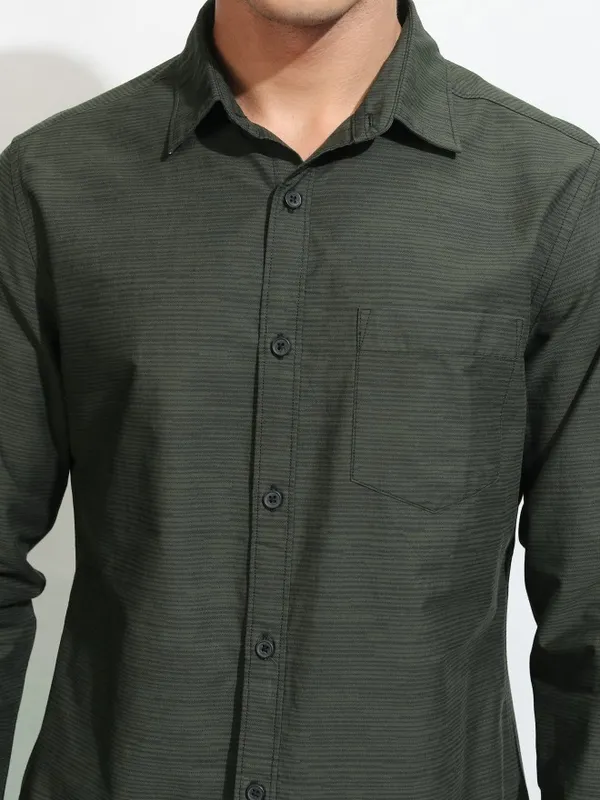 Highlander Men Olive Striped Slim Fit Casual Shirt