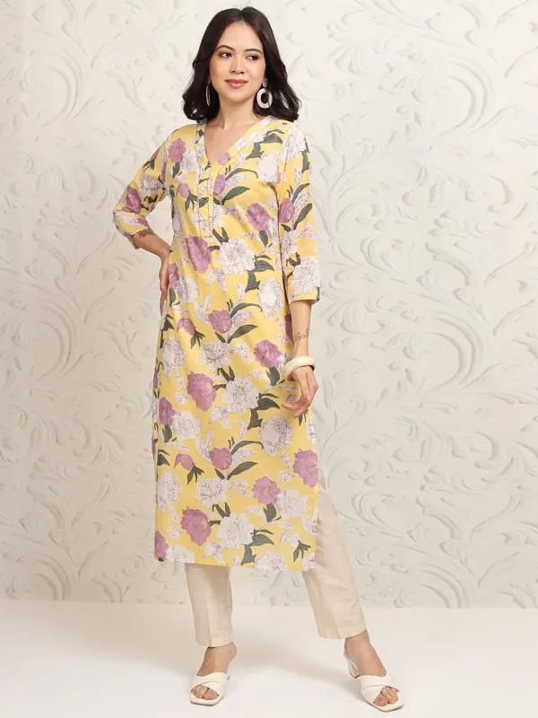 Vishudh Women Yellow Printed Straight Kurta