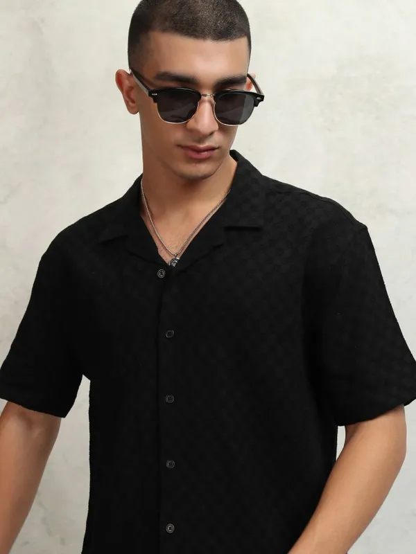 Highlander Men Black Self Design Relaxed Fit Casual Shirt