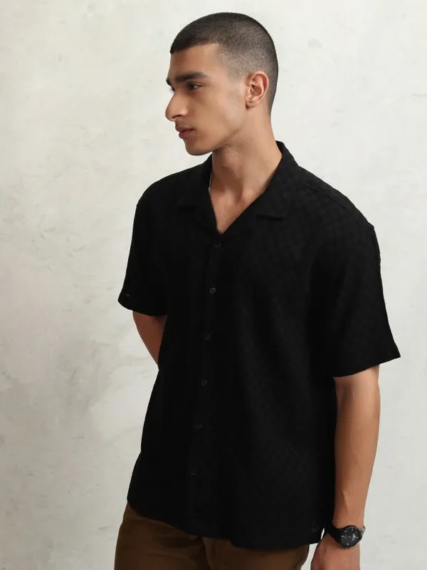 Highlander Men Black Self Design Relaxed Fit Casual Shirt