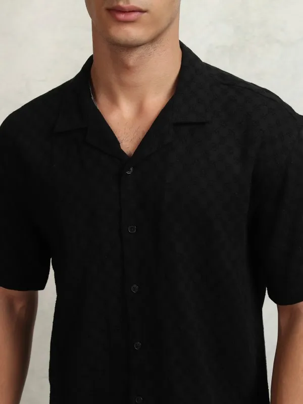 Highlander Men Black Self Design Relaxed Fit Casual Shirt