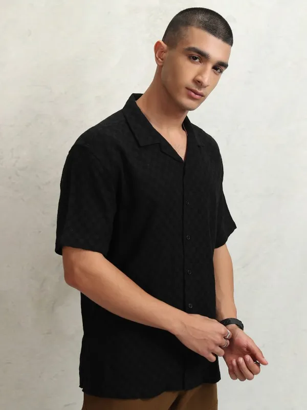 Highlander Men Black Self Design Relaxed Fit Casual Shirt