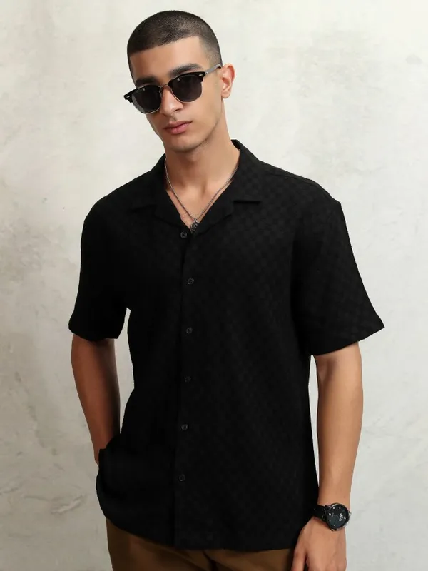 Highlander Men Black Self Design Relaxed Fit Casual Shirt