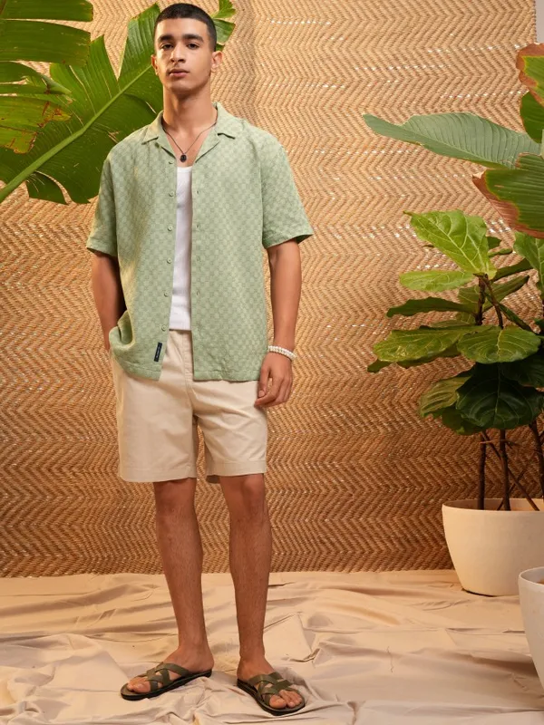Highlander Men Green Self Design Relaxed Fit Casual Shirt