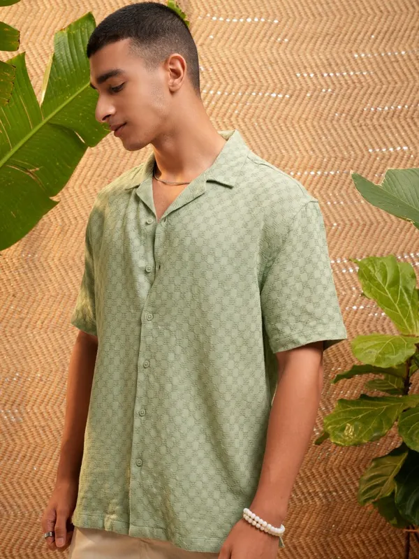 Highlander Men Green Self Design Relaxed Fit Casual Shirt