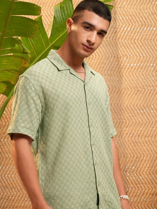 Highlander Men Green Self Design Relaxed Fit Casual Shirt