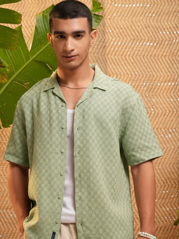 Highlander Men Green Self Design Relaxed Fit Casual Shirt