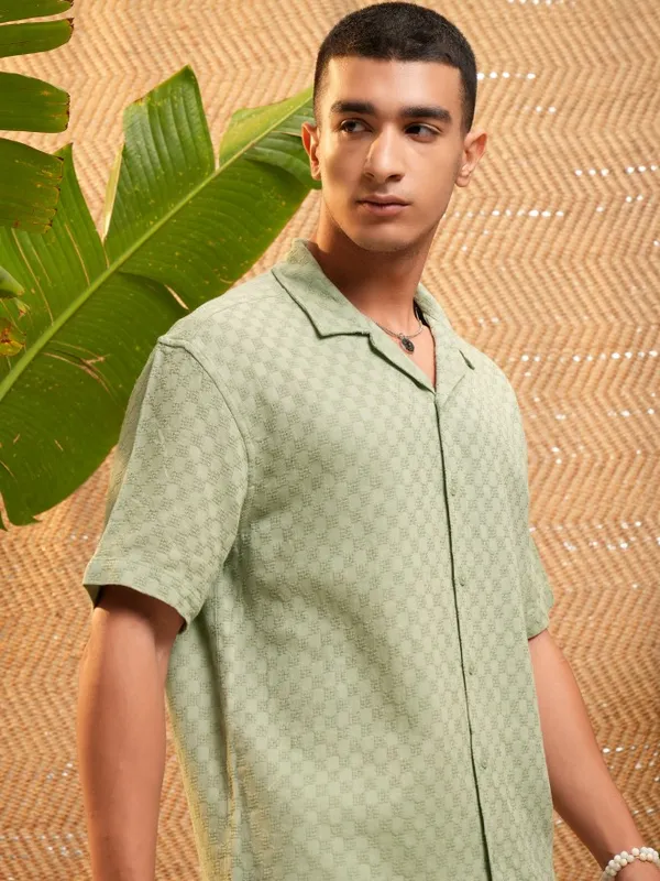 Highlander Men Green Self Design Relaxed Fit Casual Shirt