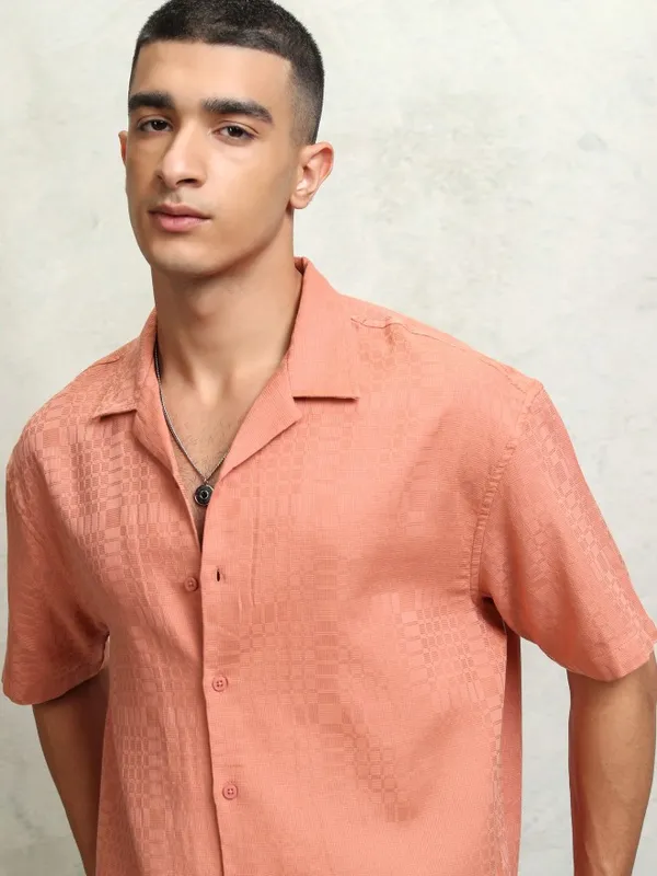 Highlader Men Peach Self Design Oversized Fit Casual Shirt