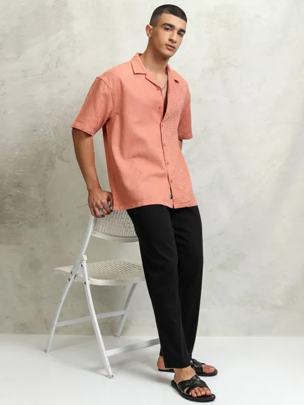 Highlader Men Peach Self Design Oversized Fit Casual Shirt
