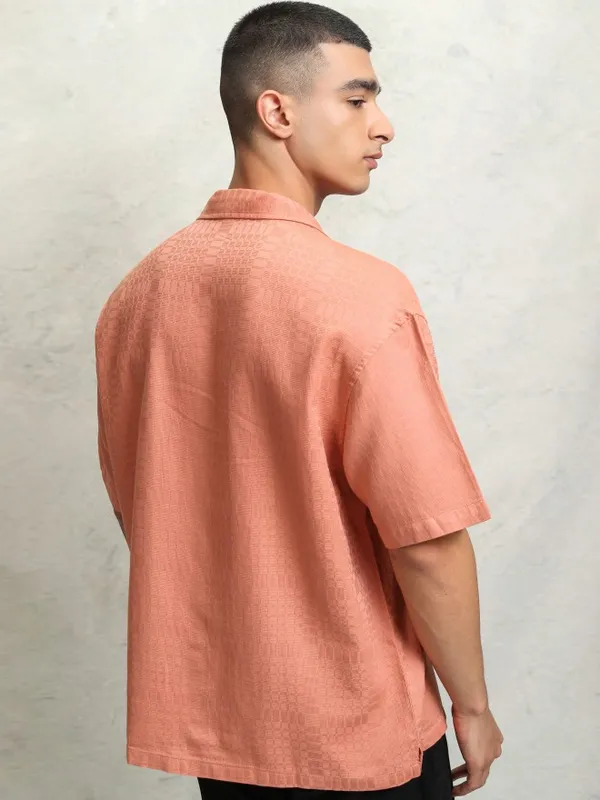 Highlader Men Peach Self Design Oversized Fit Casual Shirt