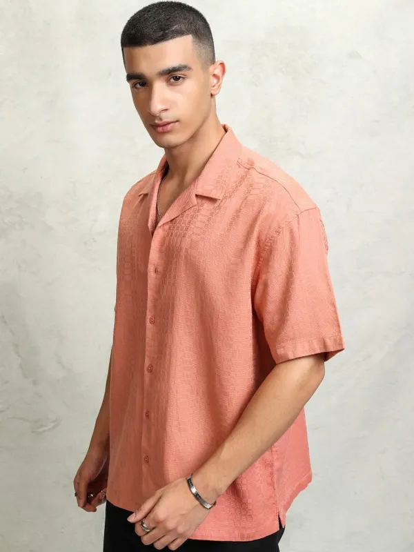 Highlader Men Peach Self Design Oversized Fit Casual Shirt