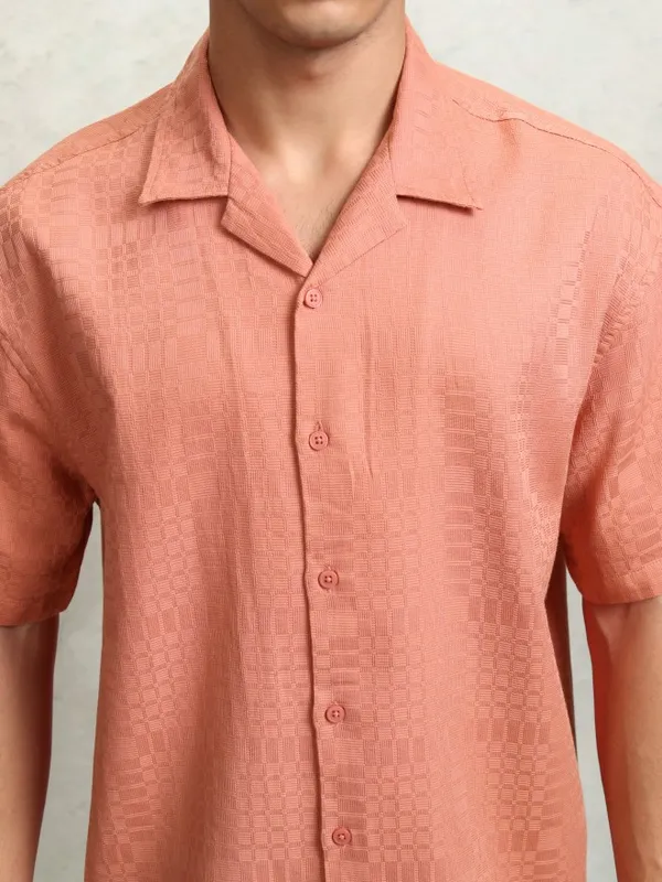Highlader Men Peach Self Design Oversized Fit Casual Shirt